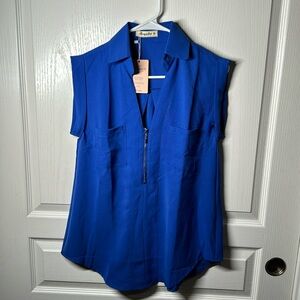 Moyabo Womens Sleeveless V Neck Zip Up‎ Chiffon Blouses  Blue Medium